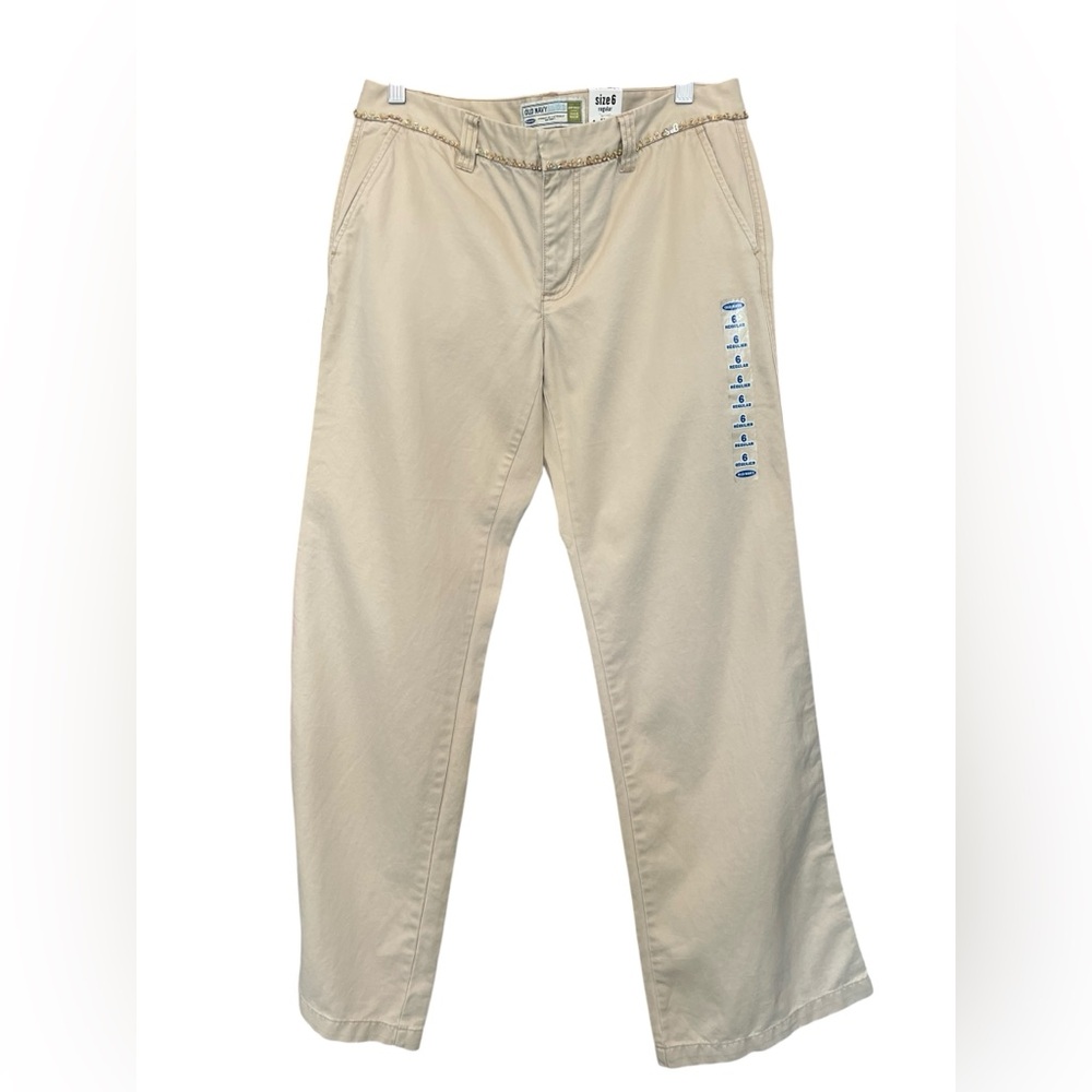 🆕 🤎 NWOT OLD NAVY Tan Beaded Sequin Waist Chino Pants | Women’s Sz 6